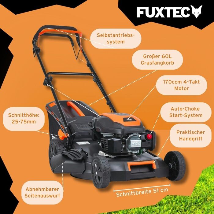 Бензиновий газонокосарка FUXTEC FX-RM5196 4в1 з Edge-Cut, самохідний, 51 см, 170 ccm, 60л травоспікач