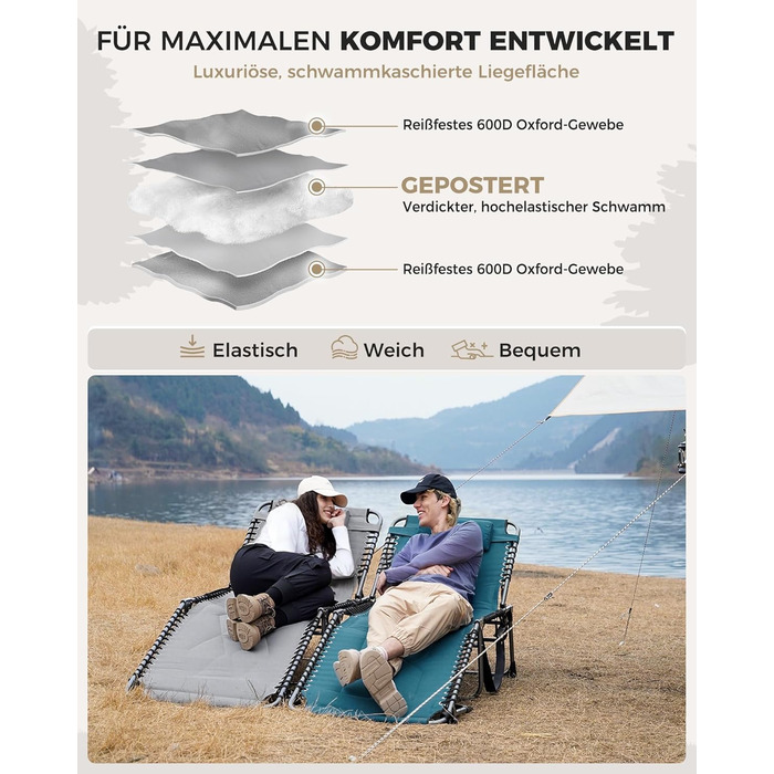 Лежак для відпочинку KingCamp великого розміру, складаний, 5 положень, для саду, кемпінгу, пляжу, з подушкою та кишенею, до 200 кг, 200 x 68 см, сірий