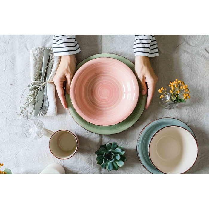 MÄSER Bel Tempo II: 30-ти частинний вінтажний сервіз для 6 осіб, ручної роботи, блакитна кераміка, Steingut, димчасто-блакитний колір