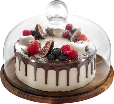 Таця Relaxdays з кришкою, скляна, для тортів та закусок, зберігає свіжість, 16x28 см, дерев'яна (акація)