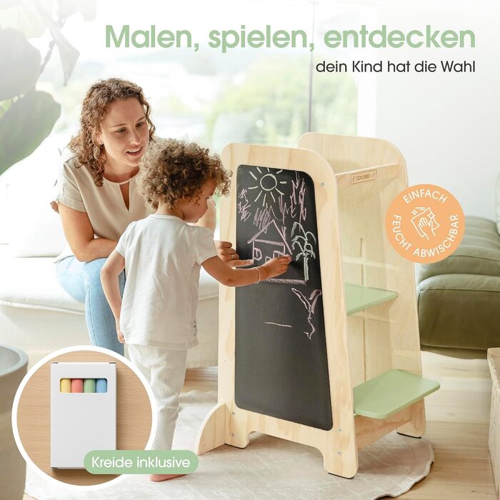 Дерев'яний навчальний столик-лесенка EXPLORER Kids® Montessori 5-в-1 | Регульована висота, захист від падіння, захист від перекидання | Розвиває моторику, цифри та форми | Білий та салатовий кольори | Для дітей від 1 року