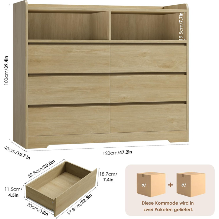 Комод FOREHILL з 6 висувними ящиками, 120 см, колір дуб - комод-тумба для спальні, вітальні, передпокою, 120x40x100 см