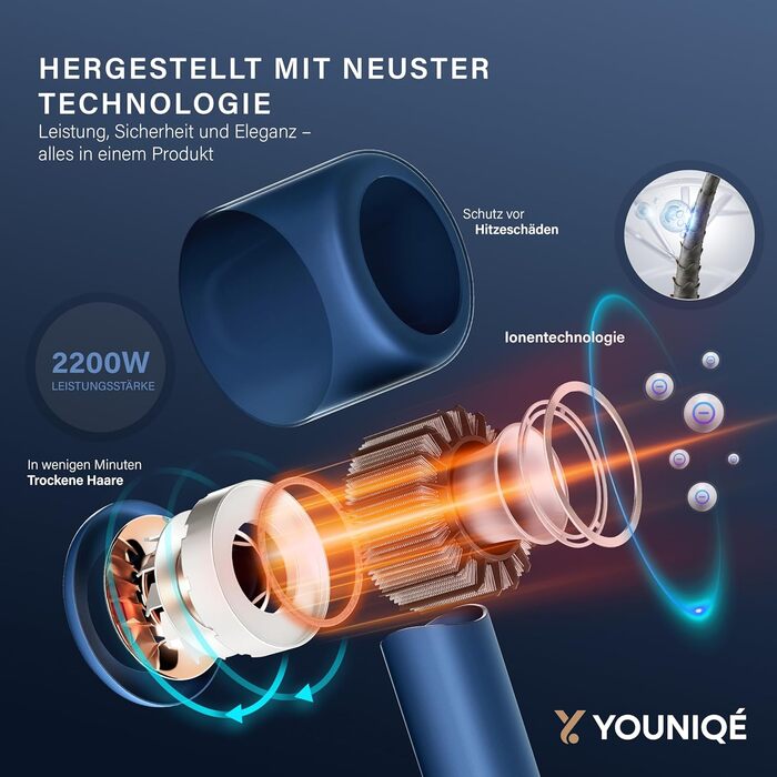 Мультифункціональний фен для волосся 5-в-1 з іонною технологією, набір насадок (локони, випрямлення, дифузор, концентратор), 1600W, LED-дисплей, 4 режими температури, магнітні насадки, Блакитний/Золотий