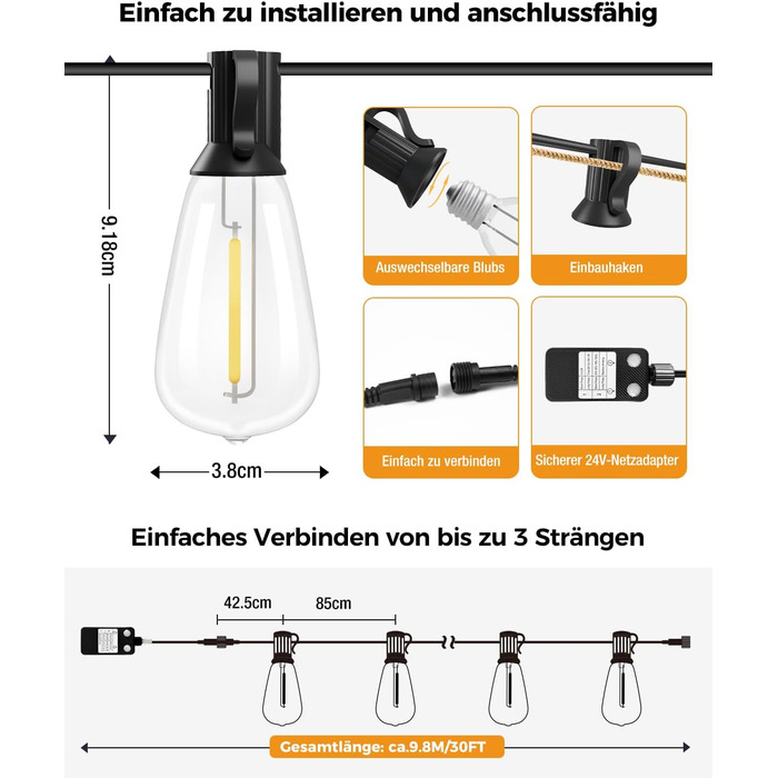 LED гірлянда для декорування приміщень та саду, 15 метрів, диммування, таймер, тепле світло, G40, вологостійка
