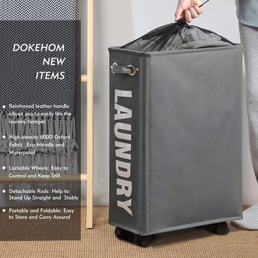Великі складні кошики для білизни DOKEHOM з колесом, складні сумки для білизни, сумка для одягу (темно-сіра, L) одноразова 22 фути/л (сіра, тонка 22 фути)