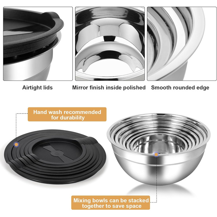Набір мисок Cinnani з нержавіючої сталі, 8 шт. з кришками: для салатів, приготування їжі, міксеру. Багатофункціональні, стекувальні миски.