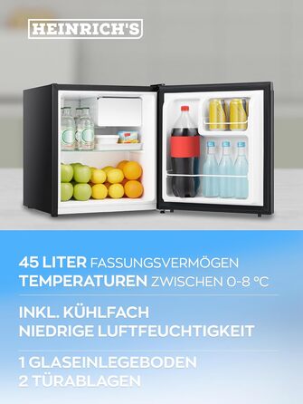Міні-барний холодильник HEINRICHS 45 л компактний, тихий 39 дБ, з відсіком для охолодження, для офісу та вулиці (чорний)