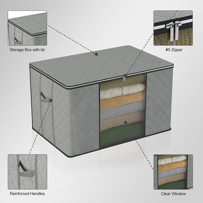 Сумка для зберігання 90 л Коробка для зберігання з кришкою Великі пересувні коробки Складний органайзер для зберігання одягу на блискавці Вікно для одягу Ковдри Шафа під ліжком (10 x 90 л, сірий), 8 шт.