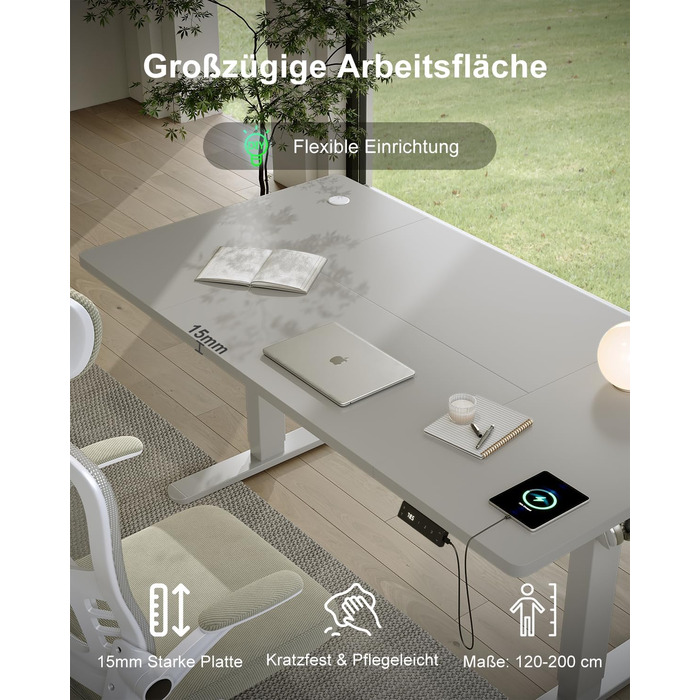 Електричний стіл Devoko 200x80 см з USB-C, білий. Регулювання висоти, комп'ютерний стіл з органайзером для кабелів