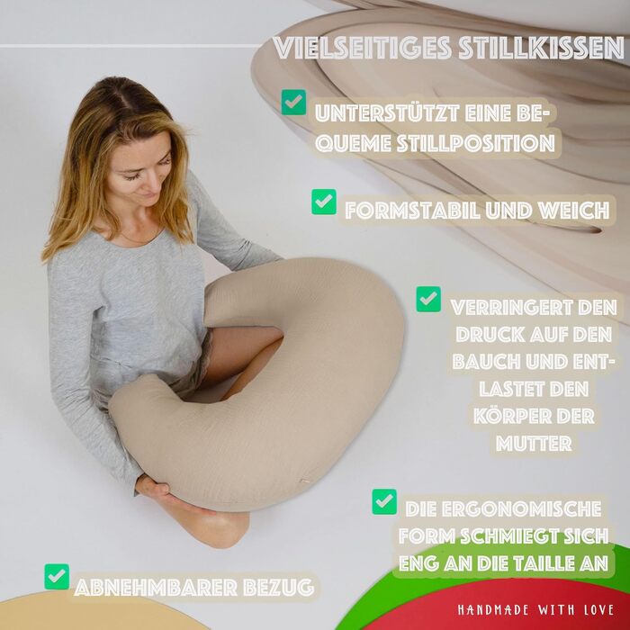 Подушка для годування та вагітності PaLulli XL (170x30 см), органічна бавовна муслін, бежева