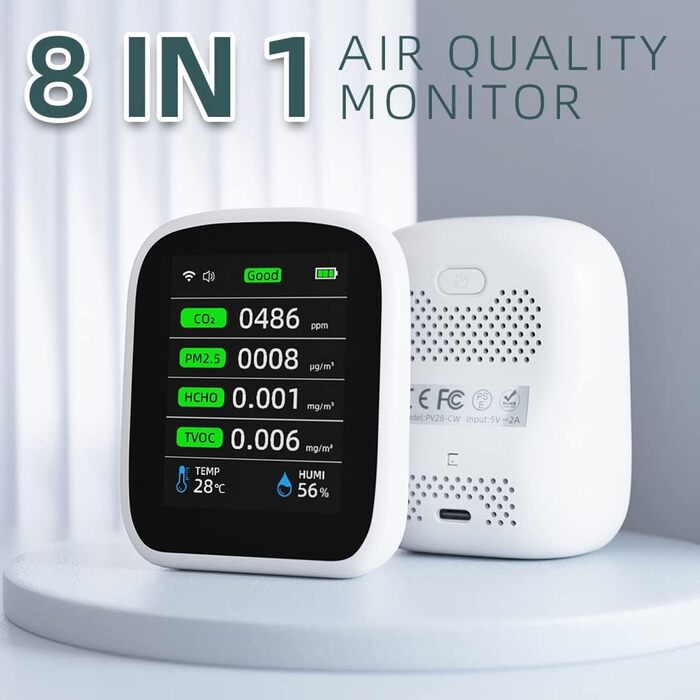 Портативний тестер якості повітря Irfora Tuya WiFi 8 в 1: PM1.0, PM2.5, PM10, CO2, TVOC, HCHO, температура, вологість, LCD-дисплей