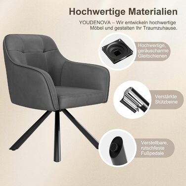YOUDENOVA Комплект з 2-х обідніх стільців, 360° обертання з підлокітниками, оксамитовий м'який стілець для обідньої кімнати, кухні, вітальні та офісу, стільці для обідньої кімнати темно-сірий, комплект 2 шт.