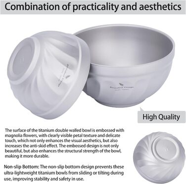Титанові миски iBasingo з подвійними стінками 500мл та 800мл: для вівсянки, їжі, рису, супу. Легкі, портативні, металеві, для кемпінгу та подорожей
