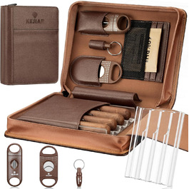 KEJIAR: Набір для зберігання сигар - Humidor з різаком, пуншем та зволожувачами, коричневий