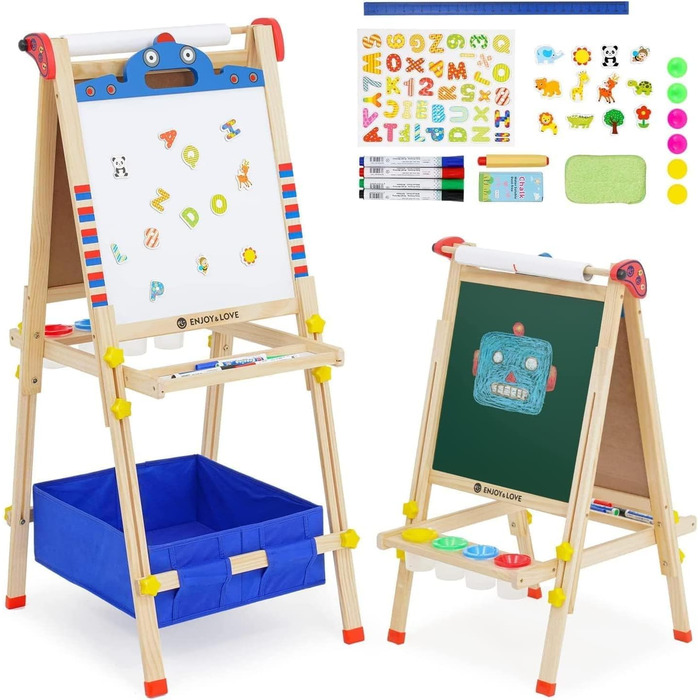 Дитяча мольберт Kinder Staffelei з двома сторонами, регульована висота, з роликом для паперу, аксесуари, підставка для речей (робот)