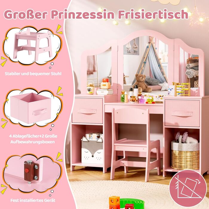 Дитячий туалетний столик MAMIZO 2 в 1 з дзеркалом та стільчиком, рожевий, з 2 висувними ящиками