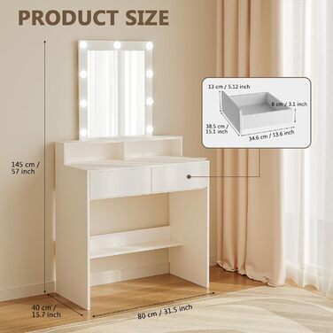 Трюмо JUMMICO з LED-підсвічуванням та дзеркалом, регульована яскравість та колірна температура, косметичний столик з 9 LED-лампочками, білий