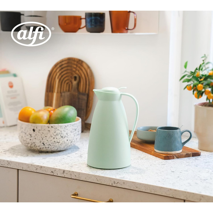 Термос Alfi ECO 1.0л з термоізоляційним скляним вкладишем, кришкою з поворотним механізмом та зручною кнопкою, для зручного наливання однією рукою, ідеальний для кави та чаю, BPA Free (М'ятно-зелений)