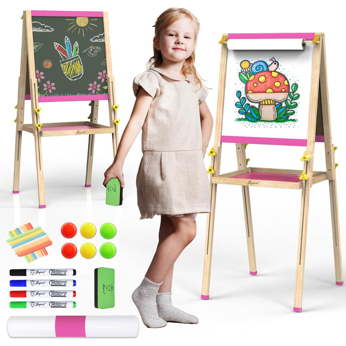 Мольберт для малювання Joyooss для дітей, регульований дерев'яний мольберт для малювання, двосторонній, сухий маркер, з аксесуарами для малювання, подарунок та канцтовари для дітей 4-8 років (РОЖЕВИЙ) 106PINK