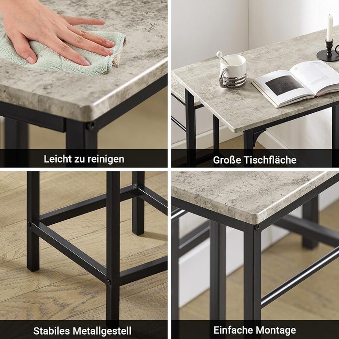 Набір обіднього столу SoBuy (3 шт.) – обідній стіл з 2 стільцями, компактний кухонний набір для вітальні, балкону, саду – компактний та сучасний для невеликих приміщень, 80x50 см, сірий