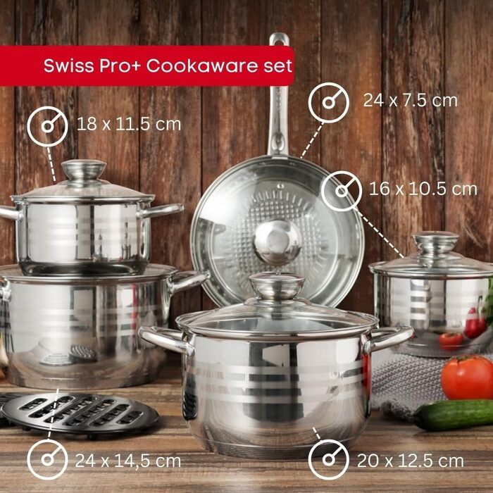 Набір каструль Swiss Pro, придатний для індукції 12 шт. - для всіх типів плит - 12 каструль і сковорідок зі сковородою, сковородою з кришкою і пластиковим термозахистом - нержавіюча сталь