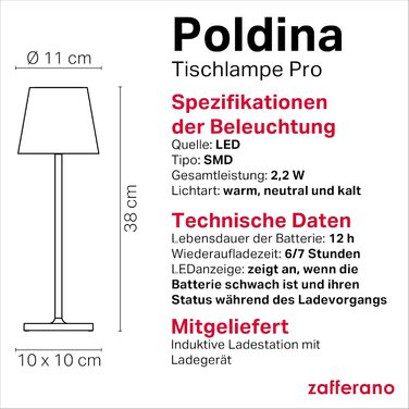 Zafferano Poldina Pro: Бездротова LED-лампа з регулюванням, 38 см, золото, диммер