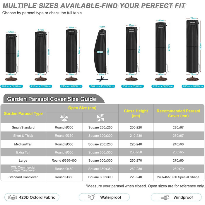 Захисний чохол для парасольки 4м, чохол для парасольки-маркізи, захисний чохол для парасольки до 400 см Ø, чохол для подвійних парасольок, анти-UV, Oxford Fabric, 280x70/70 см