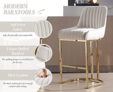 Набір з 2 барних стільців з велюру з золотистими ніжками, з підлокітниками та спинкою для кухонної стійки/домашнього бару (білий)