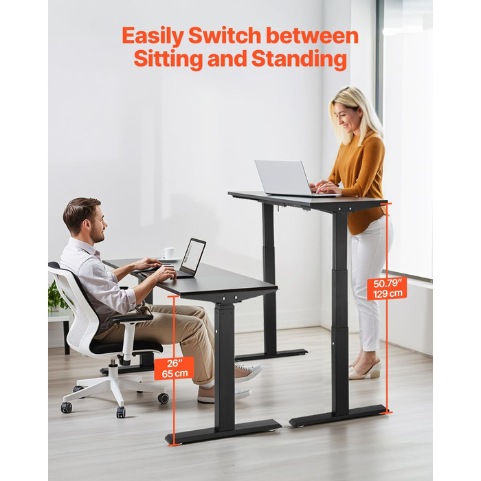 Електричний стіл VEVOR з подвійним мотором, регульована висота 65-129 см та довжина 110-178 см, чорний, для офісу та дому