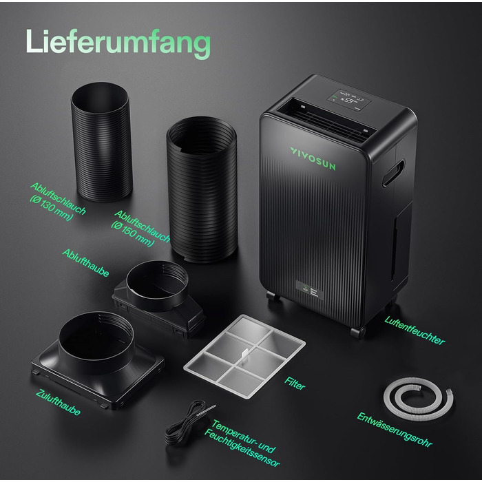 VIVOSUN AeroDrain D12 - Електричний осушувач повітря 12л/день з датчиками температури та вологості, дистанційне керування, для підвалу, ванної кімнати та гроу-тента