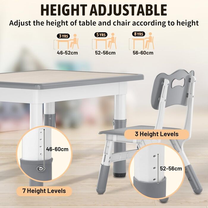 Дитячий стіл зі стільцями, дитяча група сидіння, регульована по висоті з HDPE та ABS, багатофункціональний дитячий стіл для дітей від 2 до 10 років, ергономічний набір столу та стільця для дитячої кімнати, 60*60 см, сірий