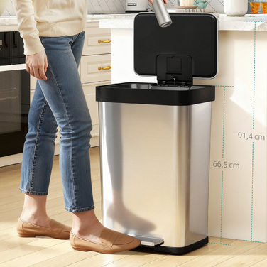 Відро для сміття 60 літрів з педальним механізмом, нержавіюча сталь, з м'яким закриванням кришки, сріблястого кольору