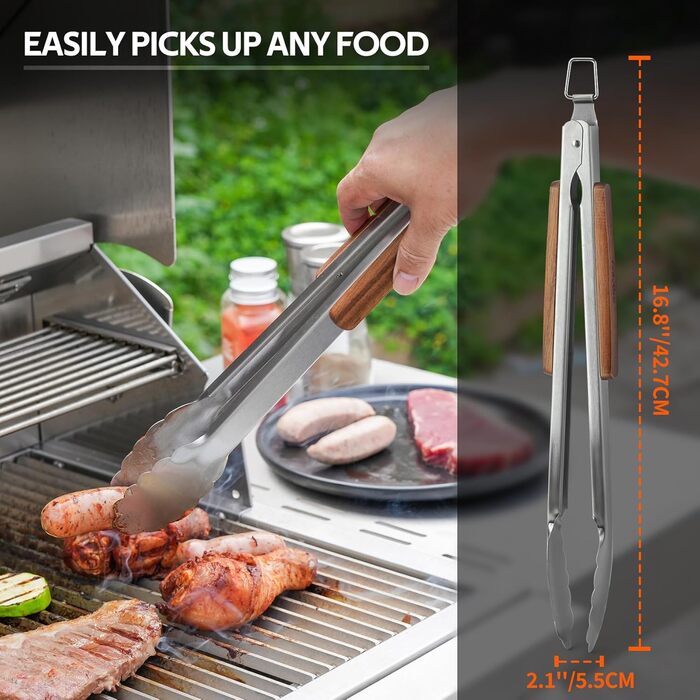 Набір гриль-посуду Onlyfire 4 шт. з нержавіючої сталі та акації (щипці, лопатка, виделка, щітка)