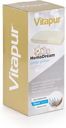 Подушка MemoDream Junior від VITAPUR для дітей, 30x50x9 см, Memory Foam, гіпоалергенна, м'яка, пральна, Ökotex-100, від 3 років