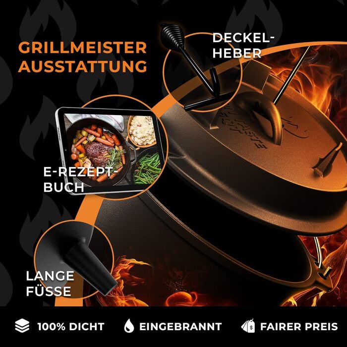 Чавунний казан Dutch Oven 9л з ніжками та знімачем кришки, набір для приготування їжі на відкритому вогні (на 6-10 осіб)