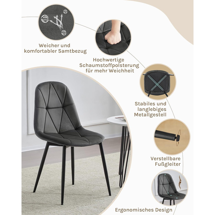 Крісла для їдальні Lestarain з підлокотниками, для кухні, вітальні, оббивка з велюру, металевий каркас, ергономічний дизайн, темно-зелений колір (темно-сірий), набір 2 шт.