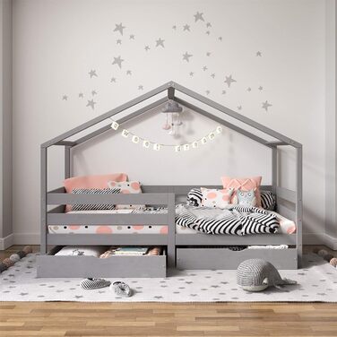 Ліжко для дому IDIMEX ENA з масиву сосни, красиве ліжко Монтессорі 90 х 200 см, дитяче ліжечко із захистом від падіння, стійке ігрове ліжко з дахом та 2 шухляди сірого кольору