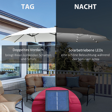 Сонячний парасоль від Outsunny з LED сонячним живленням, діаметром 4,5 м. Подвійний парасоль, ідеальний для саду, ринку, тераси. Овальний, чорно-кремовий.