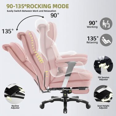 Ергономічне офісне крісло Efomao для дому та геймінгу, шкірзам PU, чорно-рожеве, до 200 кг, з підставкою для ніг та підтримкою попереку