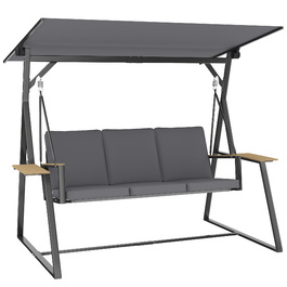 Гойдалка садова для трьох осіб з регульованим дахом, подушками та підставками для напоїв, вантажопідйомність 360 кг, сіра