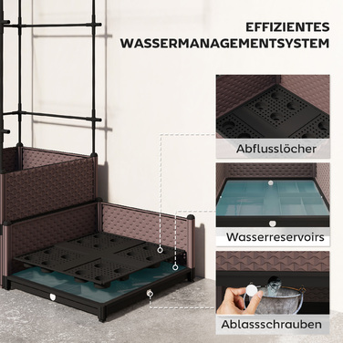 Підвищений грядок з решіткою для підтримки рослин, дренажними отворами та пластиковими горщиками, розміром 100 x 50 x 174 см