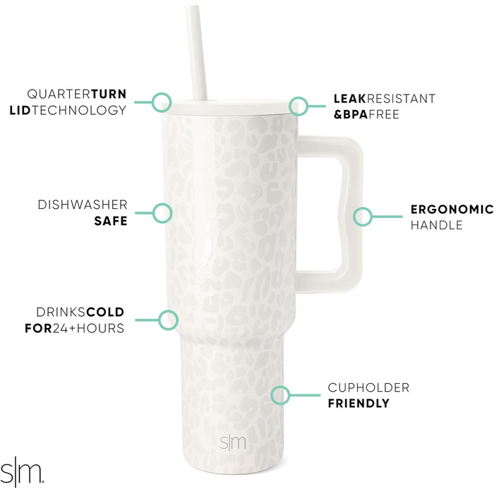 Термокружка Simple Modern з соломкою та ручкою | Ізольована термокружка з нержавіючої сталі | Термокружка для кави, напоїв | Подарунок для жінок та чоловіків | Trek | Almond Birch (40 oz, Cream Leopard)