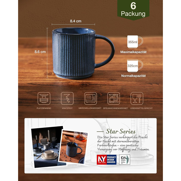 Набір тарілок Star 12 предметів для 4 осіб, керамічний посуд, стійкий до подряпин, для мікрохвильовки та посудомийної машини (Небесно-блакитний, чашки 355 мл, 6 шт.)