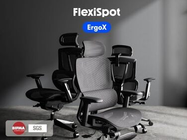 Органічний офісний стіл FLEXISPOT ErgoX: ергономічний крісло з 3D підлокітниками, 3D-підголівником, 5D-регулюванням спинки, дихаюча сітка, до 130 кг, темно-сірий
