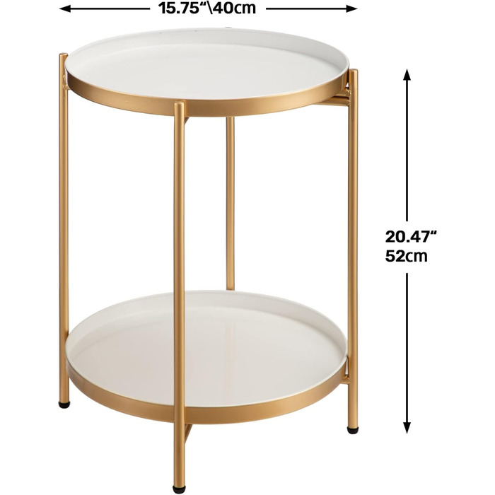 Круглий журнальний столик HollyHOME, 2 яруси, металевий піднос, для вітальні, спальні, балкона, патіо (золото/білий)