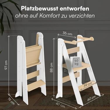 Лернтурм Bellabino Tay – навчальний столик для дітей від 1 року, регульована висота, білий, Монтессорі, з захистом від перекидання, з натурального дерева