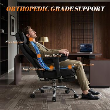 Ергономічний офісний крісло Efomao XXL до 200 кг з підставкою для ніг, чорний. Крісло для дому та офісу з товстою подушкою та високою спинкою.