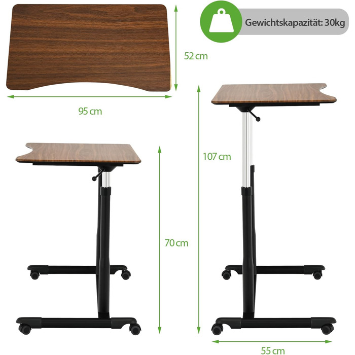 Комп'ютерний стіл COSTWAY регулюється по висоті від 70-107 см, стіл мобільний з коліщатками, стіл для ноутбука з 2 гальмами, стіл для ноутбука (коричневий)
