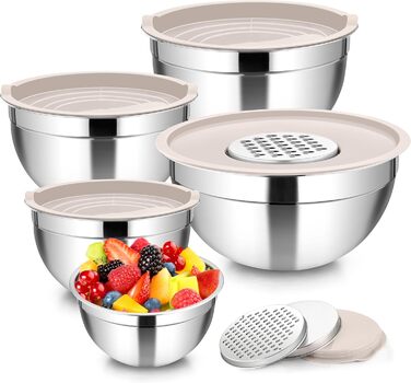 Набір мисок Homikit: 5 мисок з нержавіючої сталі з кришками та силіконовим дном, мультифункціональні, складані, придатні для миття в посудомийній машині, 6.6L / 3.5L / 2.5L / 1.5L / 1L (Хакі, з 3 тертками)
