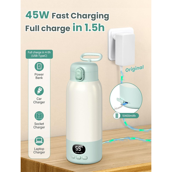 Підігрівач для пляшечок Baby, мобільний, портативний, з акумулятором 10400mAh, контроль температури, для подорожей та нічного годування